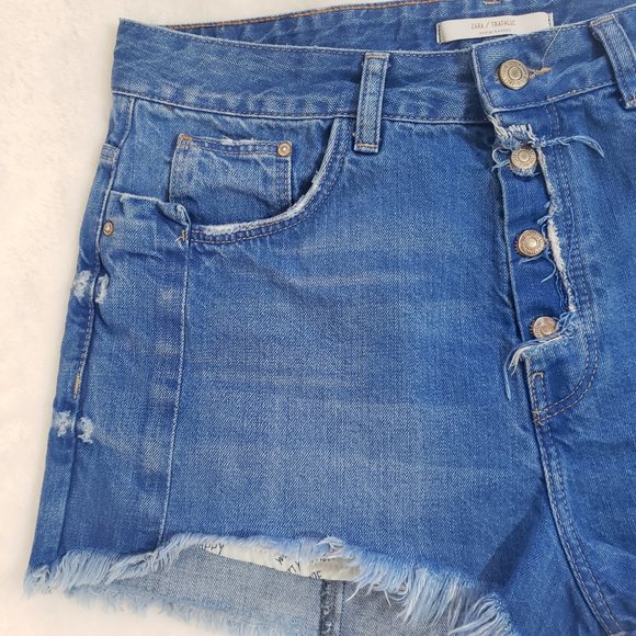 ZARA TRAFALUC High Rise Button Fly Frayed Denim Short SZ 8 - Picture 13 of 16